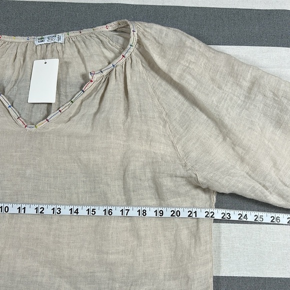 100% Linen Women's Top with Decorative Stitching V Neck 3/4 Sleeves One Size NWT - Picture 5 of 9